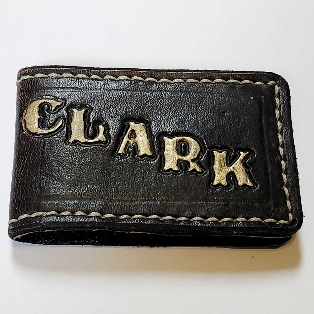 Personalized "Clark" Dark Leather Stitched Magnet Money Clip Wallet